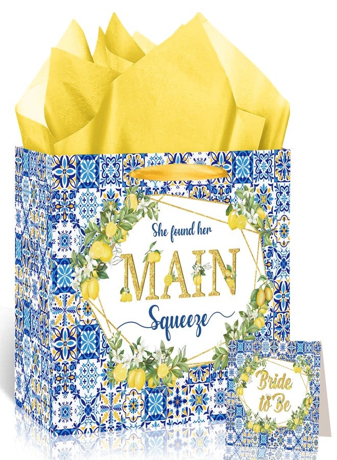LUUFILx Capri Lemon Bridal Shower Gift Bags She Found Her Main Squeeze Party Favors Bags with Tissue Paper Greeting Card Blue Tiles Yellow Lemon Paper Bag for Lemon Bridal Shower Engagement Party Decorations - Image 1