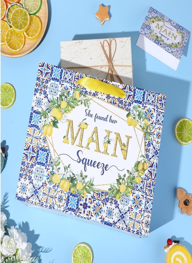 LUUFILx Capri Lemon Bridal Shower Gift Bags She Found Her Main Squeeze Party Favors Bags with Tissue Paper Greeting Card Blue Tiles Yellow Lemon Paper Bag for Lemon Bridal Shower Engagement Party Decorations - Image 2