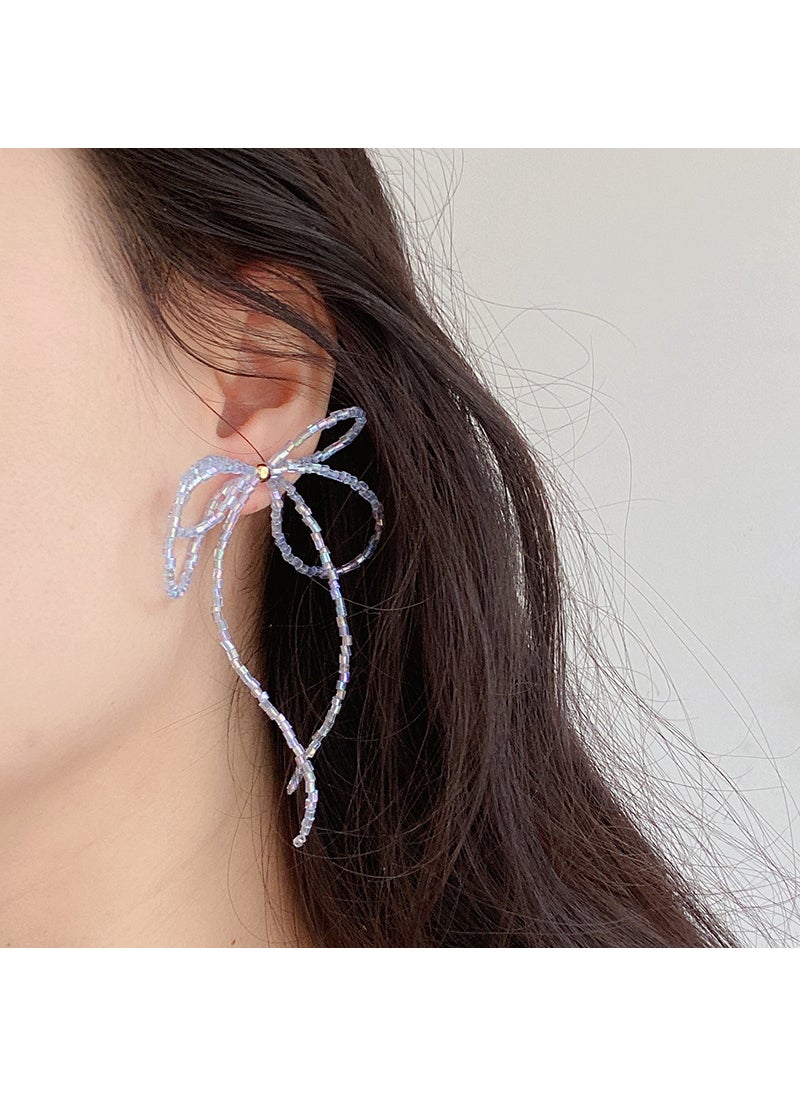 Generic - Chic Butterfly Bead Tassel Stud Earrings Korean Style Blue Bow Beaded Stud Earrings - Image 1