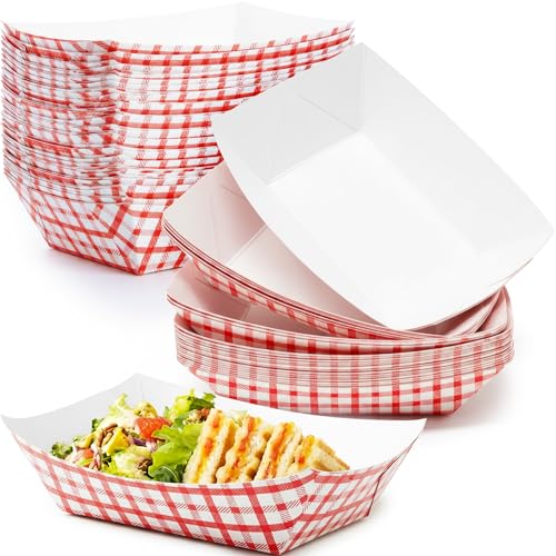 Eucatus Grease-Proof Sturdy Food Trays 3 lb Capacity 100 Pack by Eucatus. Serve Hot or Cold Snacks in These Classic Carnival Style Checkered Paper Baskets. Perfect for Concession Stand or Circus Party Fare! - Image 1