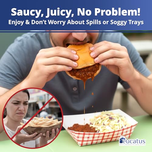 Eucatus Grease-Proof Sturdy Food Trays 3 lb Capacity 100 Pack by Eucatus. Serve Hot or Cold Snacks in These Classic Carnival Style Checkered Paper Baskets. Perfect for Concession Stand or Circus Party Fare! - Image 5