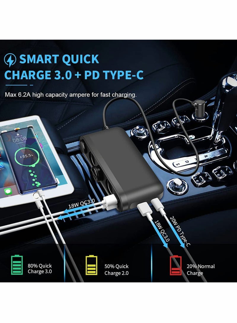 200W Car Charger Splitter with 3 Sockets and PD3.0 USB C QC3.0, LED Voltage Display, 12V/24V Adapter with Extension Cord - Image 5