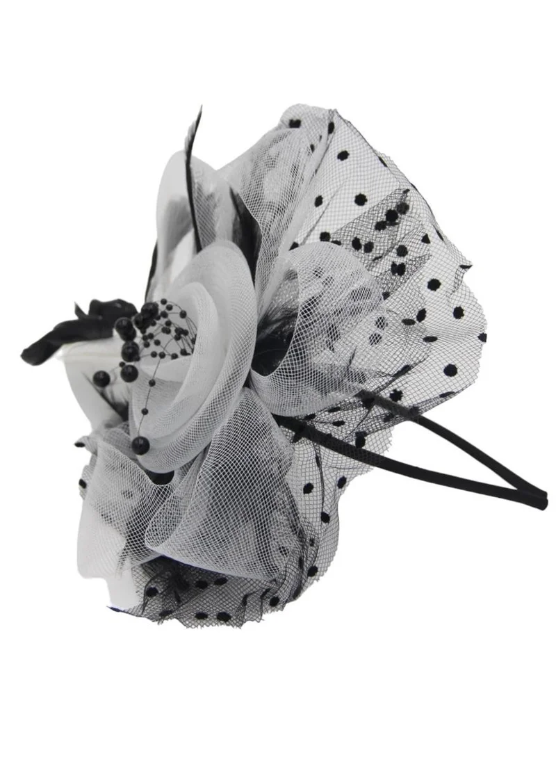 D'Daniela Ddaniela Monalisa Fascinator Hats for Women Tea Party Headband,  Hat Flower Mesh Ribbons Feathers on a Headband and a Clip Tea Party Headwear for Girls and Women White and Black