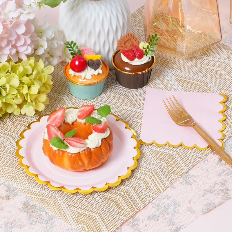 Leapig Pink & gold scalloped party plates with napkins and fork gold foil border, 24 Guest Pink disposable Tableware Set Party Decoration for Birthday Coquette Bridal Baby Shower Valentines - Image 2