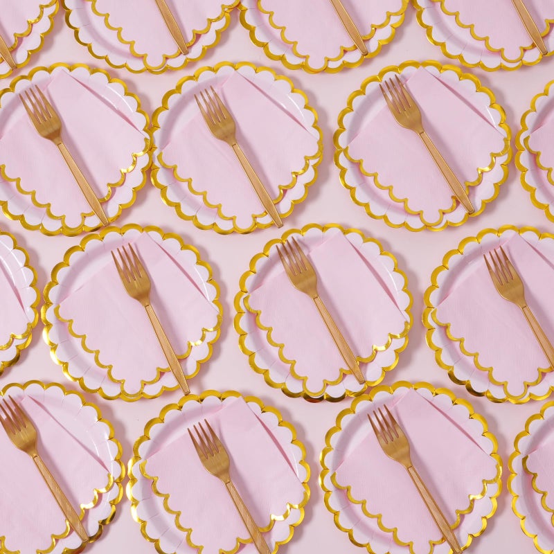 Leapig Pink & gold scalloped party plates with napkins and fork gold foil border, 24 Guest Pink disposable Tableware Set Party Decoration for Birthday Coquette Bridal Baby Shower Valentines - Image 5