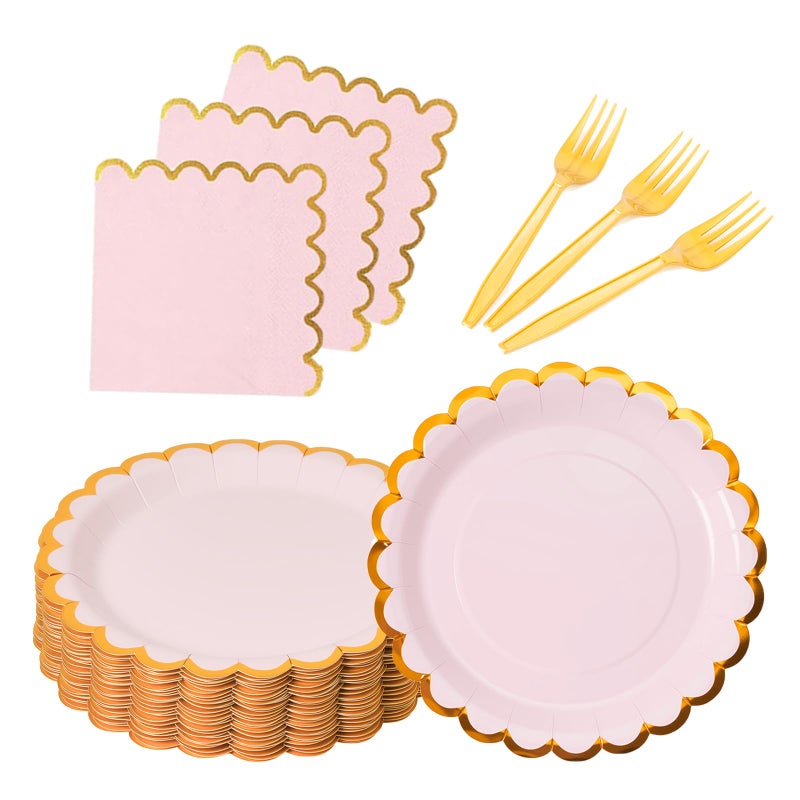 Leapig Pink & gold scalloped party plates with napkins and fork gold foil border, 24 Guest Pink disposable Tableware Set Party Decoration for Birthday Coquette Bridal Baby Shower Valentines - Image 1