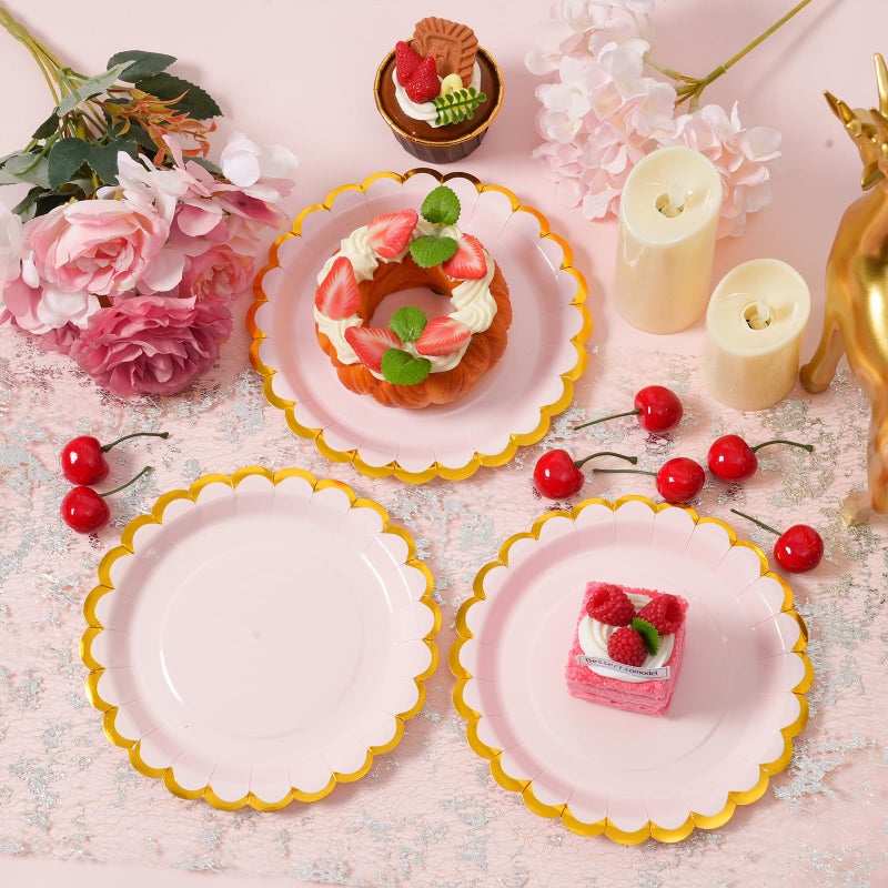 Leapig Pink & gold scalloped party plates with napkins and fork gold foil border, 24 Guest Pink disposable Tableware Set Party Decoration for Birthday Coquette Bridal Baby Shower Valentines - Image 3