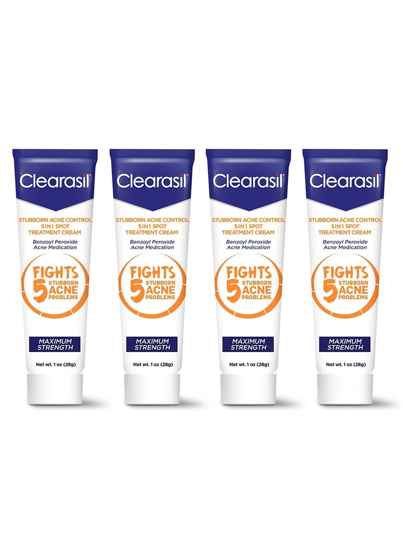 Clearasil Clearasil Stubborn Acne Control 5in1 Spot Treatment Cream, Maximum Strength, Benzoyl Peroxide Acne Medication, Fights Blocked Pores, Pimple Size, Excess Oil, Acne Marks & Blackheads, 1 oz (Pack of 4) 