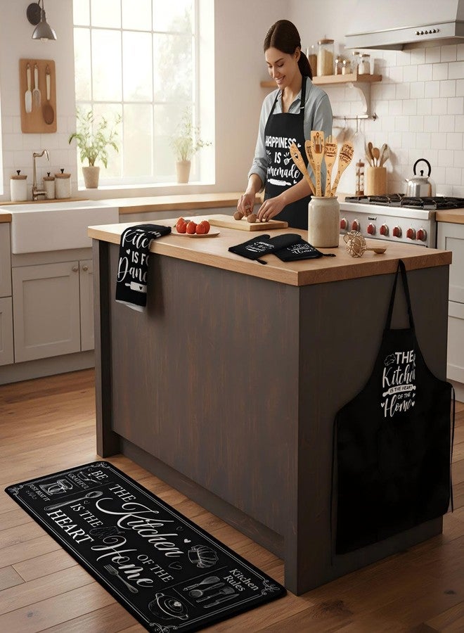 Bencailor 17 Pcs Black and White Kitchen Sets Washable and Non-slip Kitchen Rug and Mat Black Mitts and Pot Holders Classic Theme Apron Dish Towels Wooden Spoons for Home Decoration Housewarming Gifts - Image 2