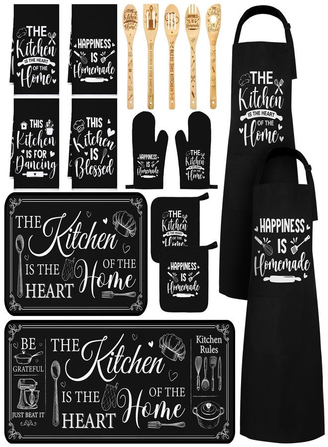 Bencailor 17 Pcs Black and White Kitchen Sets Washable and Non-slip Kitchen Rug and Mat Black Mitts and Pot Holders Classic Theme Apron Dish Towels Wooden Spoons for Home Decoration Housewarming Gifts - Image 1