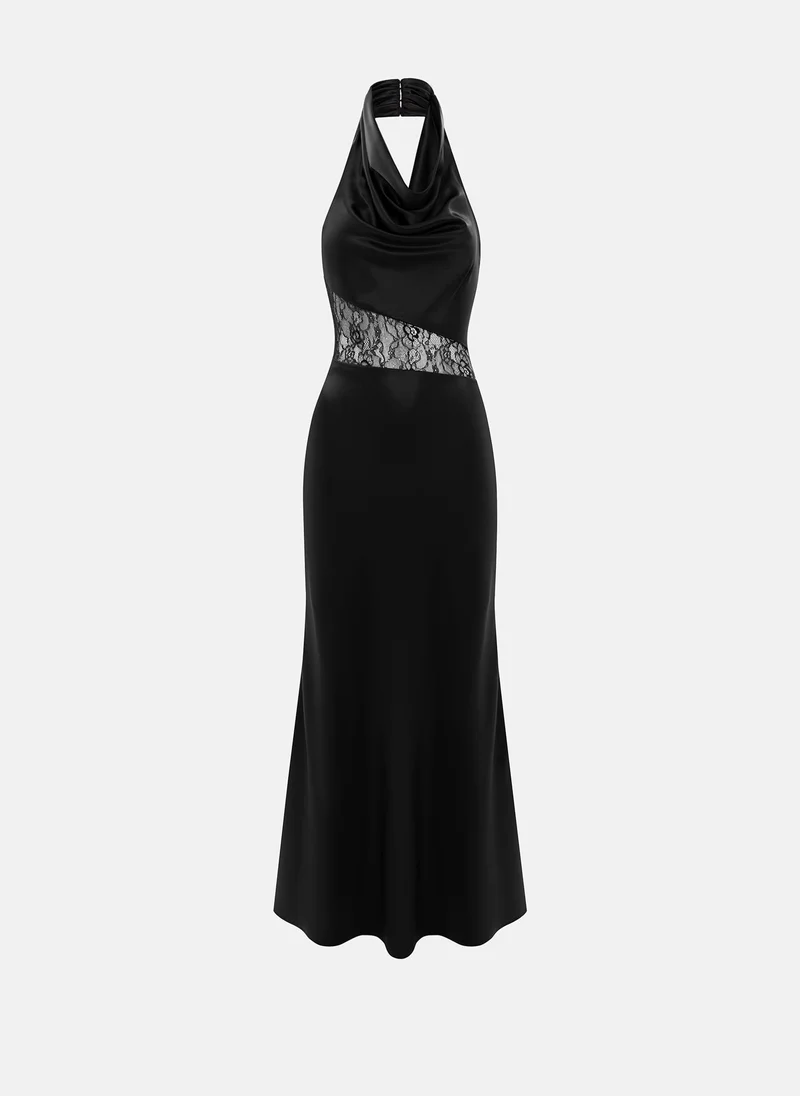 Lichi Satin maxi dress with draped neckline and lace insert at the waist
