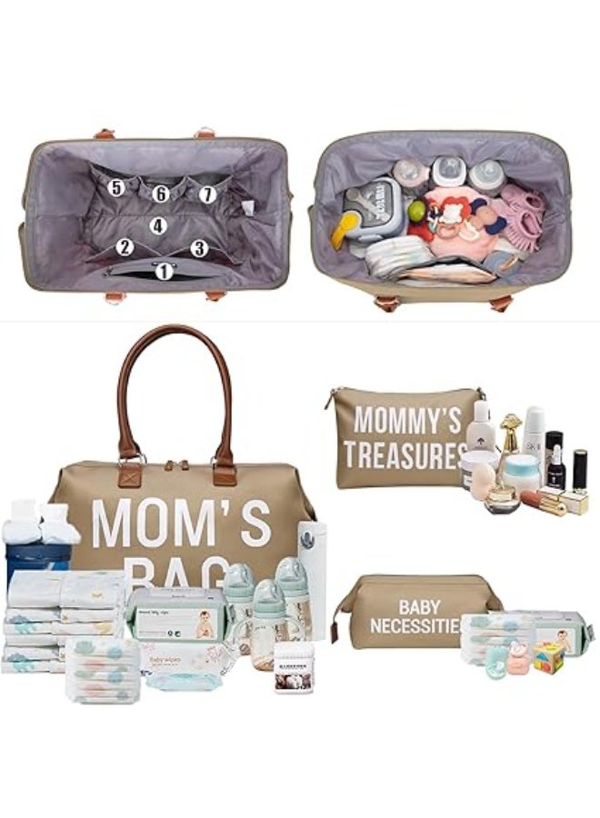 printe Momâ€˜s Bag, Hospital Bag for Labor and Delivery, Large Mom's Diaper Tote for Mom Travel, Waterproof Baby Handbag with 2 Organizer Pouches, Khaki - Image 3