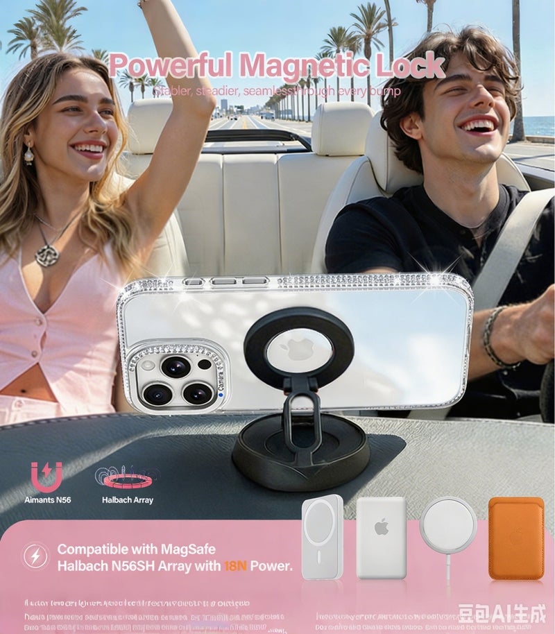 غلاف متوافق مع MagSafe لهاتف آيفون 16 برو ماكس، غلاف هاتف مغناطيسي بستاند دوار بتصميم الماس مضاد للخدش والصدمات - لون فضي - Image 2