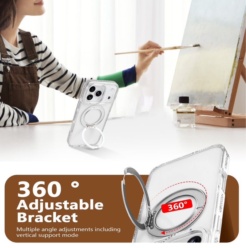غلاف متوافق مع MagSafe لهاتف آيفون 16 برو ماكس، غلاف هاتف مغناطيسي بستاند دوار بتصميم الماس مضاد للخدش والصدمات - لون فضي - Image 3