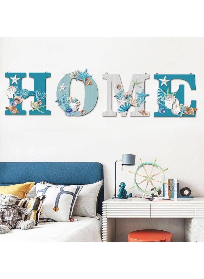 سوفام 4 قطع وود هوم توقيع الساحل الشاطئ الحائط ديكور الشاطئ نمط علامات الشاطئ أزرق Starfish and Shell حائط ديكور الشاطئ Theme Sign for Home Letters معلقة حائط ديكور Art Signs for Living Room المطبخ ديكور غرفة النوم - Image 2