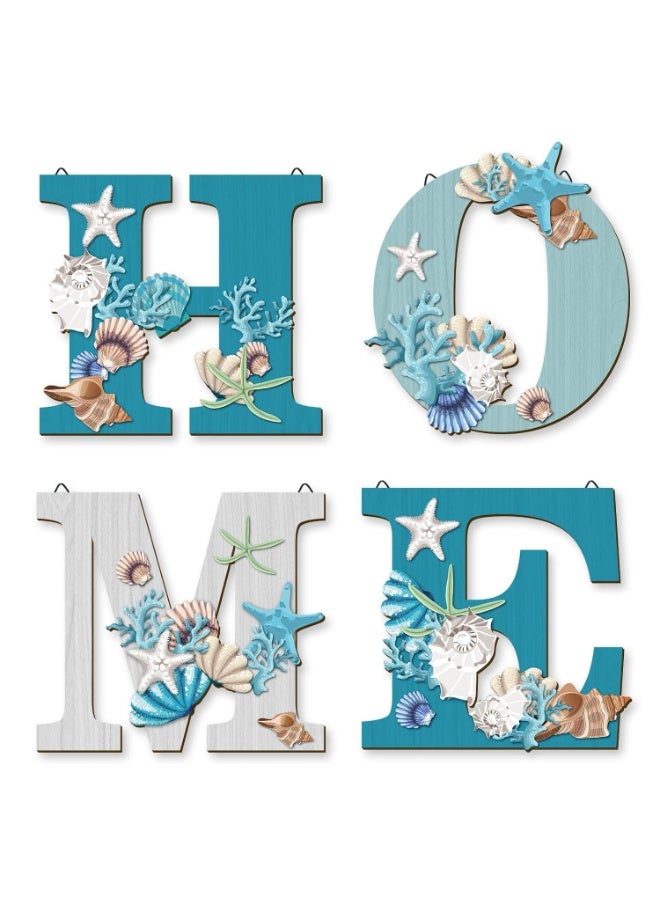 سوفام 4 قطع وود هوم توقيع الساحل الشاطئ الحائط ديكور الشاطئ نمط علامات الشاطئ أزرق Starfish and Shell حائط ديكور الشاطئ Theme Sign for Home Letters معلقة حائط ديكور Art Signs for Living Room المطبخ ديكور غرفة النوم - Image 1