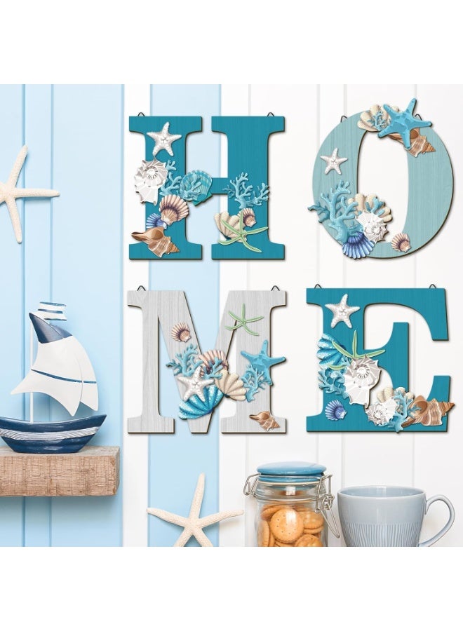سوفام 4 قطع وود هوم توقيع الساحل الشاطئ الحائط ديكور الشاطئ نمط علامات الشاطئ أزرق Starfish and Shell حائط ديكور الشاطئ Theme Sign for Home Letters معلقة حائط ديكور Art Signs for Living Room المطبخ ديكور غرفة النوم - Image 3