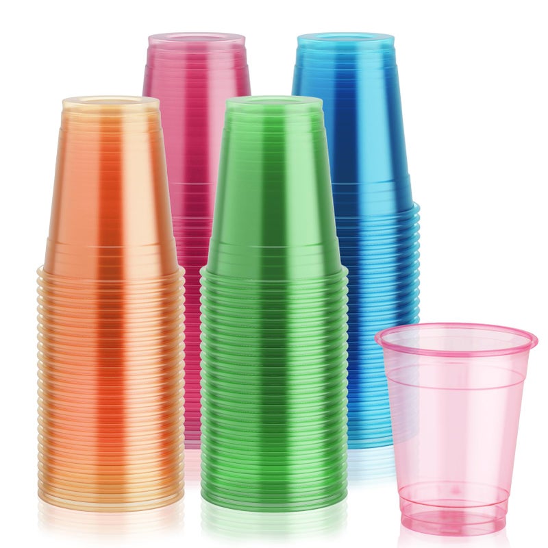 Lilymicky 100 Pack 12 oz Plastic Cups Neon Glowing Plastic Party Cups Assorted Neon Colors for Parties Carnivals and Any Events