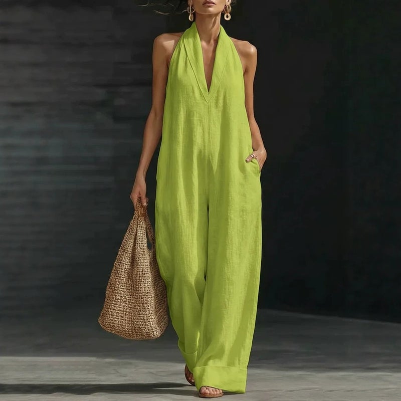 و الصيف هالتر الرقبة Jumpsuit ، بسيطة الكتان خارج الكتف مريحة جيب اللون الصلب أنيقة النساء Jumpsuit - Image 4