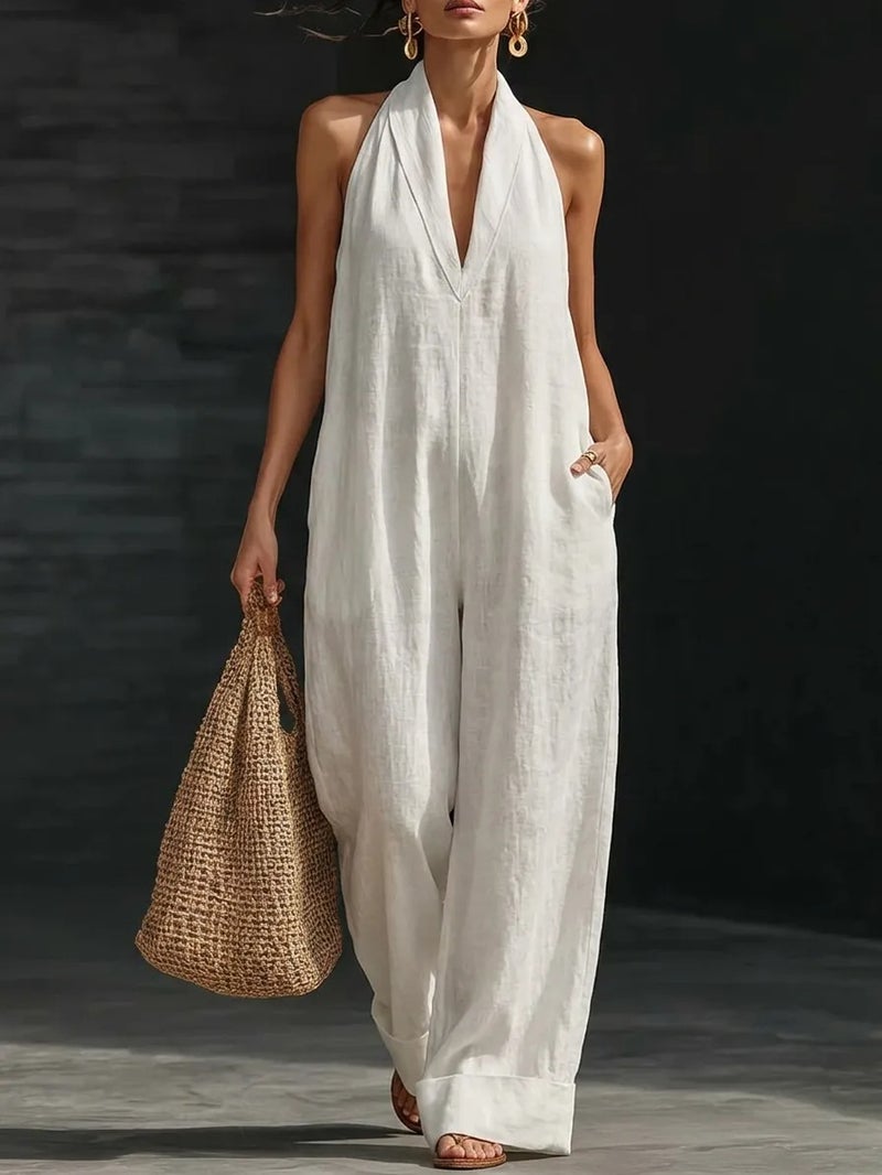 و الصيف هالتر الرقبة Jumpsuit ، بسيطة الكتان خارج الكتف مريحة جيب اللون الصلب أنيقة النساء Jumpsuit - Image 1
