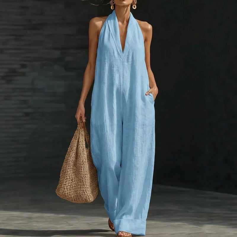 و الصيف هالتر الرقبة Jumpsuit ، بسيطة الكتان خارج الكتف مريحة جيب اللون الصلب أنيقة النساء Jumpsuit - Image 3