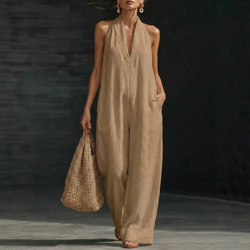 و الصيف هالتر الرقبة Jumpsuit ، بسيطة الكتان خارج الكتف مريحة جيب اللون الصلب أنيقة النساء Jumpsuit - Image 5