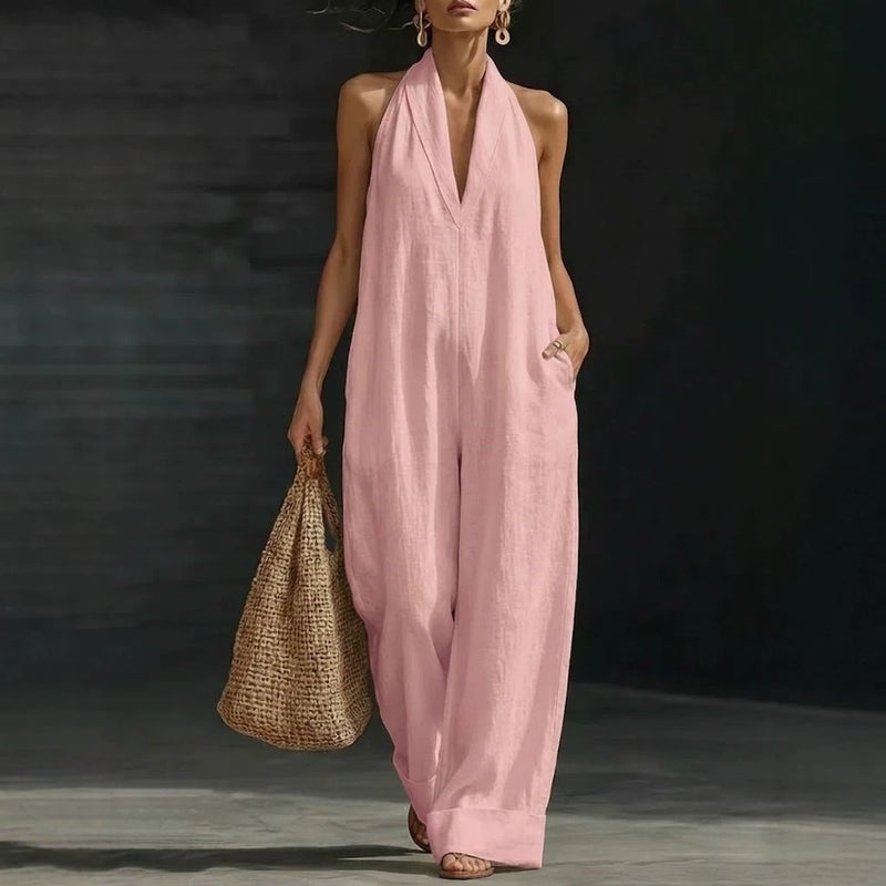 و الصيف هالتر الرقبة Jumpsuit ، بسيطة الكتان خارج الكتف مريحة جيب اللون الصلب أنيقة النساء Jumpsuit - Image 2