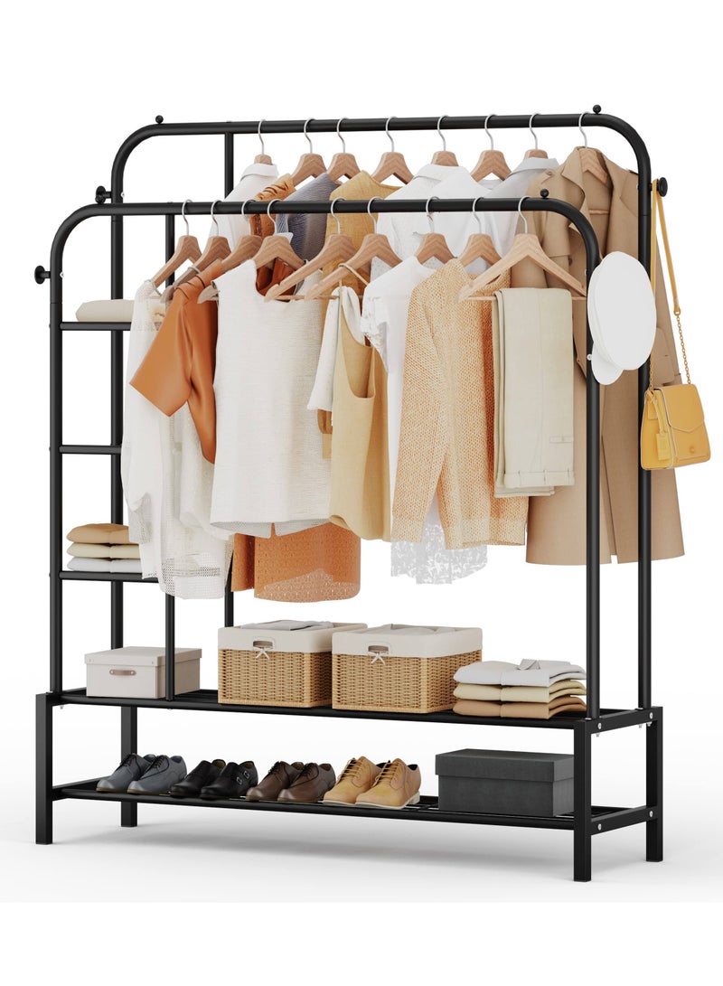 DubaiGallery شماعة ملابس، شماعة ملابس قائمة بذاتها، قضيب مزدوج، شماعة ملابس متعددة الوظائف لغرفة النوم مع حجرة تخزين سفلية من مستويين، رفوف تنظيم ملابس دوارة على عجلات، 4 خطافات، أسود - Image 1