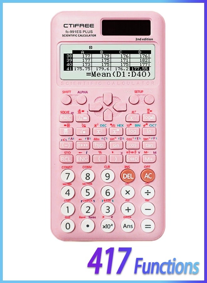 CTIFREE Scientific Calculator (Fx991 Es Plus 2nd Gen) - 417 Functions Solar/Battery Dual Power For Students, School & College Natural Display Pink  - Image 1