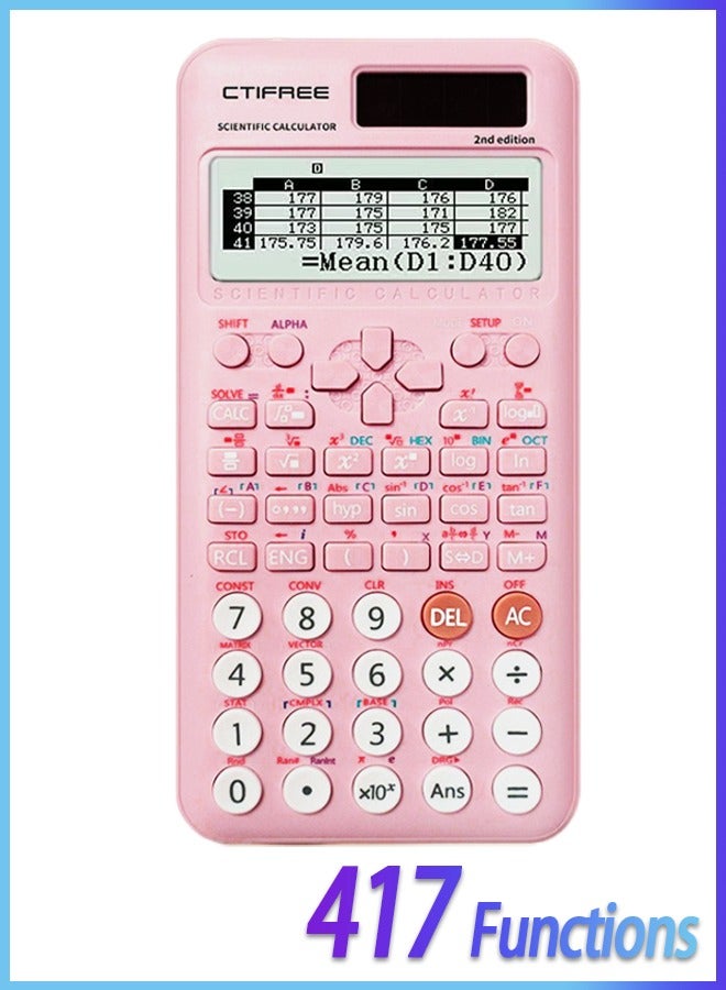 CTIFREE Scientific Calculator Fx-991ex Plus Second Edition, 417 Functions, Standard Scientific Calculator for Students/Teachers/Schools - Pink