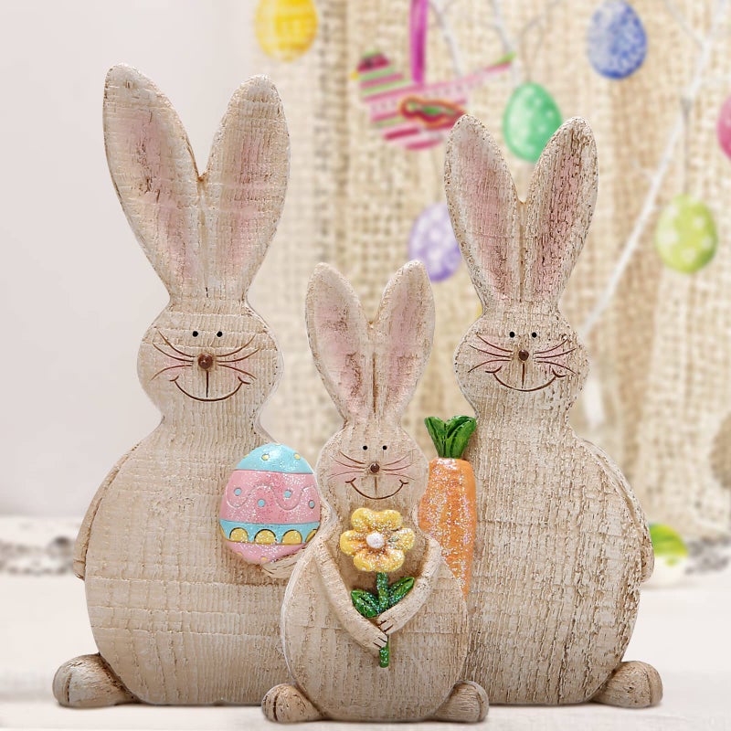 Hodao Set of 3 Easter Bunny Decorations Spring Rabbit Decors Figurines Tabletopper Decorations for Party Home Holiday Cute Bunny Easter Day Decor - Image 4