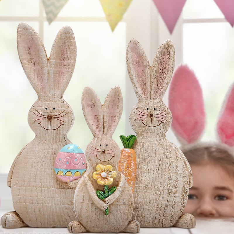 Hodao Set of 3 Easter Bunny Decorations Spring Rabbit Decors Figurines Tabletopper Decorations for Party Home Holiday Cute Bunny Easter Day Decor - Image 5