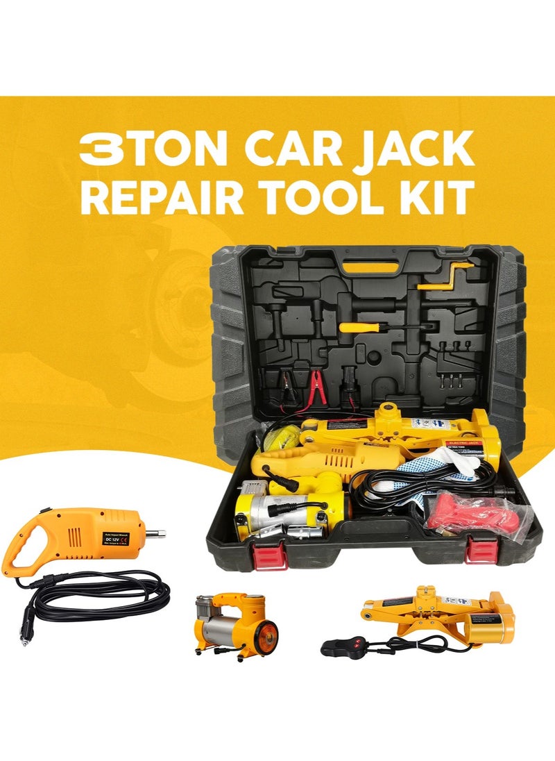 3XR Electric Scissor Jack 3 Ton Car Jack Tire Repair Kit 12V/15A With Air Compressor And Tire Wrench Set  - Image 1