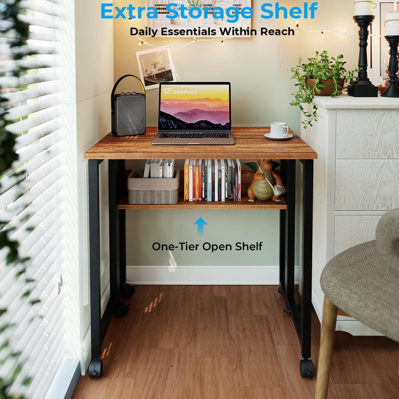 GreenForest Folding Desk Small Rolling Desk with Storage Shelf, 24.8 inch Foldable Computer Desk with Wheels for Small Space, Easy Assembly,Walnut - Image 4