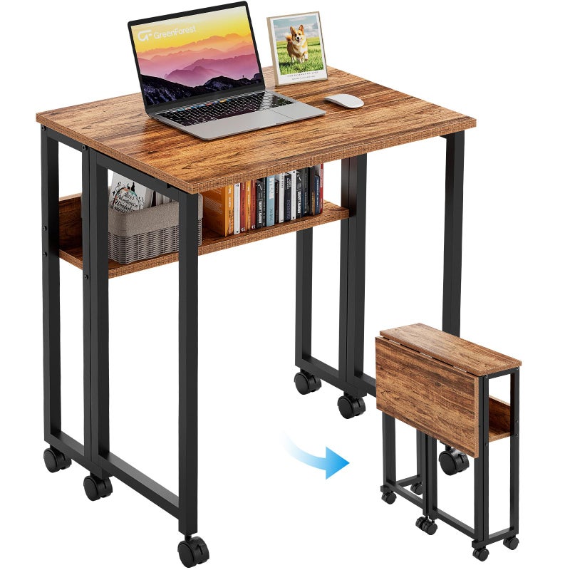 GreenForest Folding Desk Small Rolling Desk with Storage Shelf, 24.8 inch Foldable Computer Desk with Wheels for Small Space, Easy Assembly,Walnut - Image 1