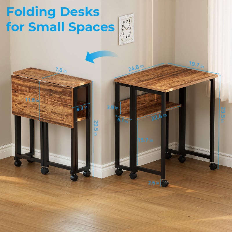 GreenForest Folding Desk Small Rolling Desk with Storage Shelf, 24.8 inch Foldable Computer Desk with Wheels for Small Space, Easy Assembly,Walnut - Image 2