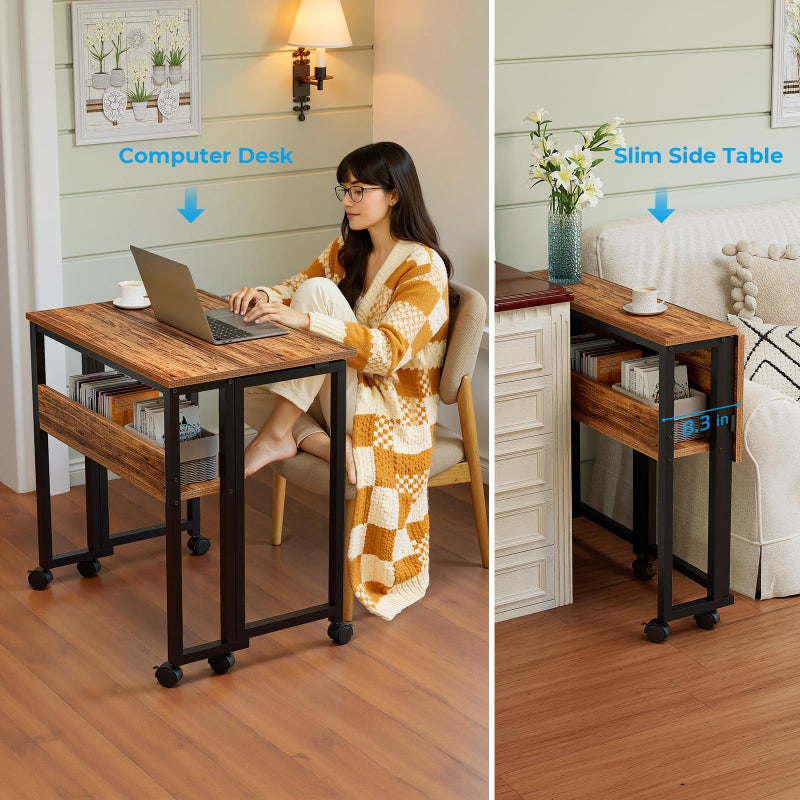 GreenForest Folding Desk Small Rolling Desk with Storage Shelf, 24.8 inch Foldable Computer Desk with Wheels for Small Space, Easy Assembly,Walnut - Image 5