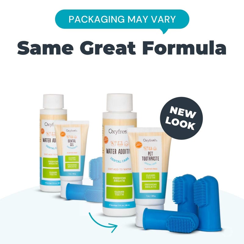 Oxyfresh طقم العناية بأسنان الحيوانات الأليفة من أوكسي فريش - حل سهل لتنفس منعش، وتنظيف الأسنان، والتحكم في اللويحات والجير - معجون أسنان للحيوانات الأليفة 1 أونصة + مضاف ماء 3 أونصات + 3 فرش كبيرة - Image 2