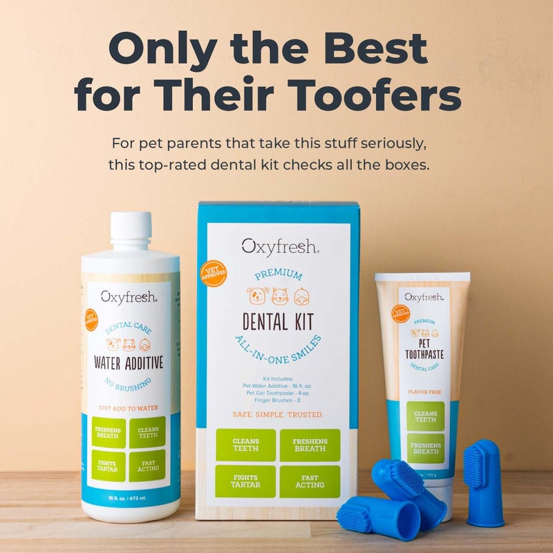 Oxyfresh طقم العناية بأسنان الحيوانات الأليفة من أوكسي فريش - حل سهل لتنفس منعش، وتنظيف الأسنان، والتحكم في اللويحات والجير - معجون أسنان للحيوانات الأليفة 1 أونصة + مضاف ماء 3 أونصات + 3 فرش كبيرة - Image 3