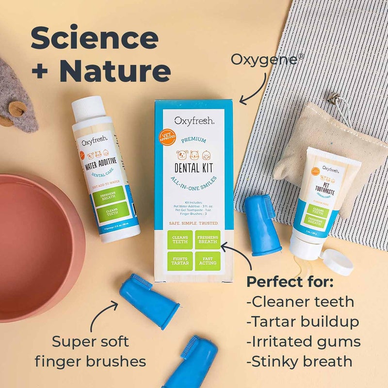 Oxyfresh طقم العناية بأسنان الحيوانات الأليفة من أوكسي فريش - حل سهل لتنفس منعش، وتنظيف الأسنان، والتحكم في اللويحات والجير - معجون أسنان للحيوانات الأليفة 1 أونصة + مضاف ماء 3 أونصات + 3 فرش كبيرة - Image 5