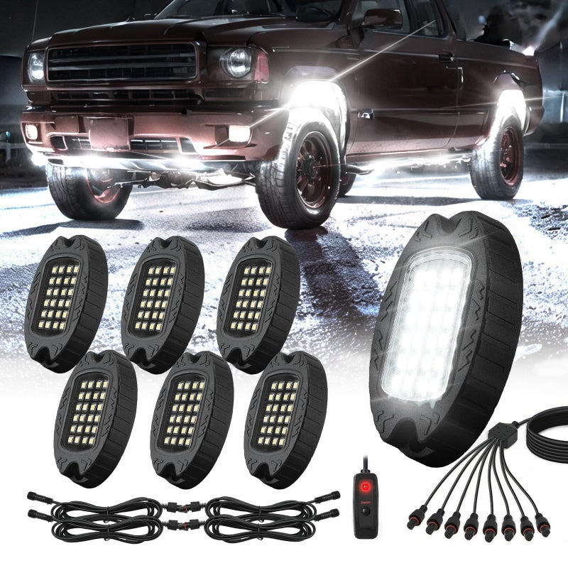 TDE Explorer.Lighting 6 Pods Metal LED White Rock Lights for ATV SUV UTV RZR Car Trailer Truck Offroad Alloy 6000K 24 LEDs Pure White Neon Underglow Light with Switch Extension Harness Under Trail Rig Fender Lighting - Image 2