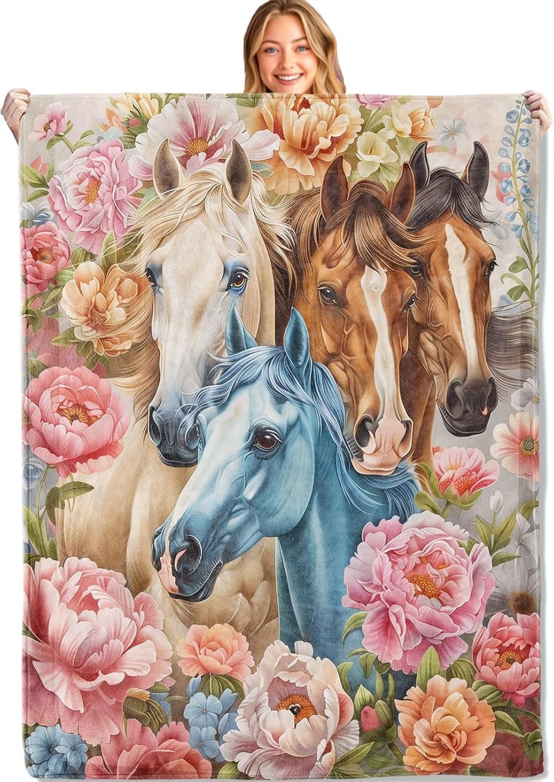 MIEPOS Horse & Floral Throw Blanket – Soft, Cozy, and Lightweight Decor Flannel Blanket Ideal for Couch, Office, and Travel – Fuzzy, Fluffy, Plush Warmth for Women Girls 60×50 Inch - Image 1