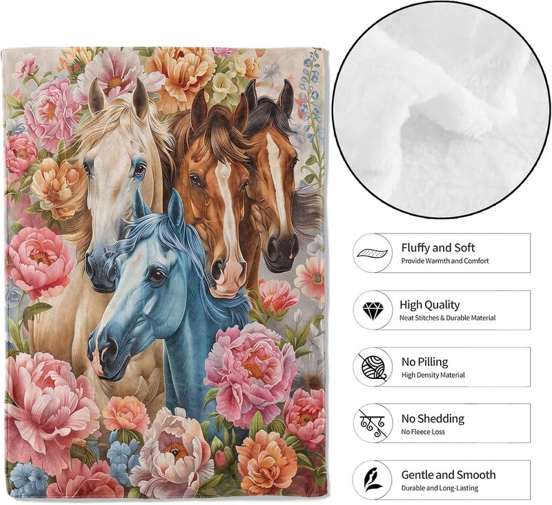 MIEPOS Horse & Floral Throw Blanket – Soft, Cozy, and Lightweight Decor Flannel Blanket Ideal for Couch, Office, and Travel – Fuzzy, Fluffy, Plush Warmth for Women Girls 60×50 Inch - Image 2