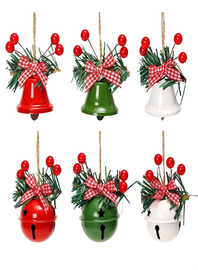 MACLARONX Christmas Jingle Bells, 2.2" Metal Decorative Bells Star Cutouts Xmas Tree Ornaments for Wreath Holiday Crafts Rustic Home Hanging Decor, Big Size, Red White Green (Mix 6 Pcs) - Image 1