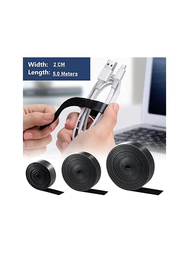 BLUE OCEAN Ocean Hook and Loop Reusable Straps, Adjustable Cable Ties for Cord Management, organizer fastener Velcro Ties Straps with Plastic Buckle 250 mm x 25 mm Black (ROLL- 5M x 2) - Image 4