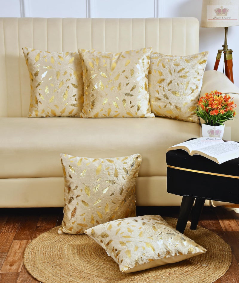 HOMECROWN 16X16 Inch Velvet Cushion Covers Â– Set Of 5 Pcs, Soft Decorative Faux Fur Throw Pillow Covers 250 TC With Golden Feather Print For Sofa, Couch, Bed, Living Room - Golden - Image 1