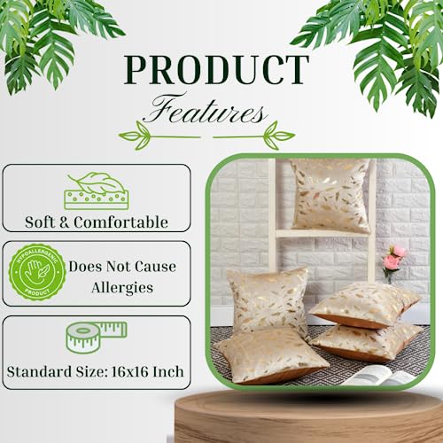 HOMECROWN 16X16 Inch Velvet Cushion Covers Â– Set Of 5 Pcs, Soft Decorative Faux Fur Throw Pillow Covers 250 TC With Golden Feather Print For Sofa, Couch, Bed, Living Room - Golden - Image 3