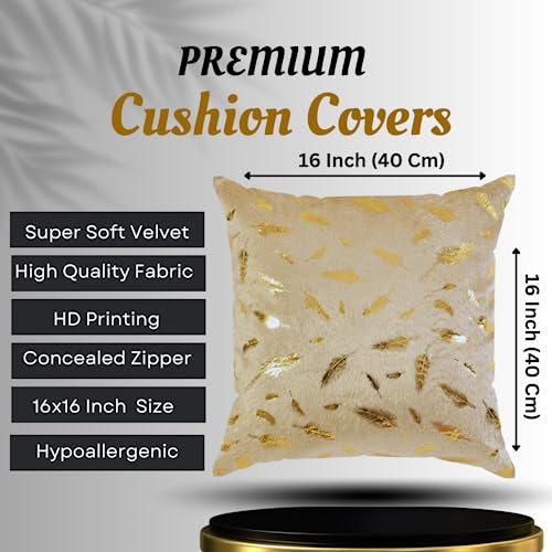 HOMECROWN 16X16 Inch Velvet Cushion Covers Â– Set Of 5 Pcs, Soft Decorative Faux Fur Throw Pillow Covers 250 TC With Golden Feather Print For Sofa, Couch, Bed, Living Room - Golden - Image 4
