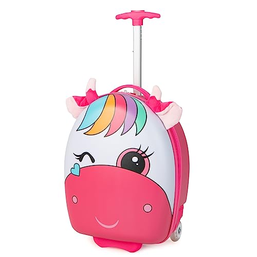 Olakids Kids Luggage, 16’’ Carry On Rolling Suitcase for Girls Boys with LED Flashing Spinner Wheels, Travel Trolley Hardside Case for Toddlers (Pink Pony) - Image 1