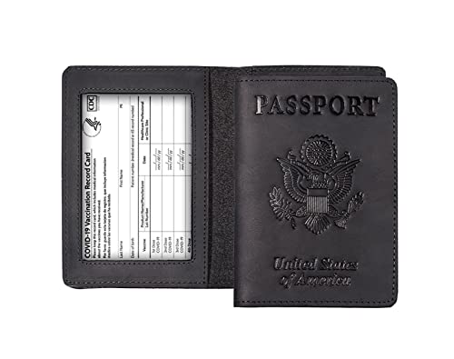 AGBIADD Genuine Leather Passport and Vaccine Card Holder Combo, RFID Blocking, Black, Unisex - Image 1